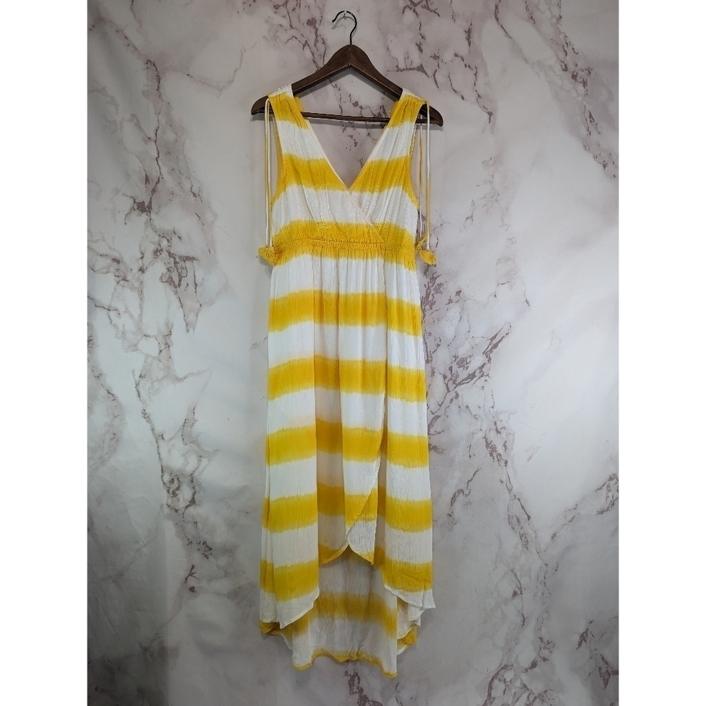 Tommy Bahama Dress Womens XS Yellow White Midi Maxi Tassel Tie Dye V Plunge Tank